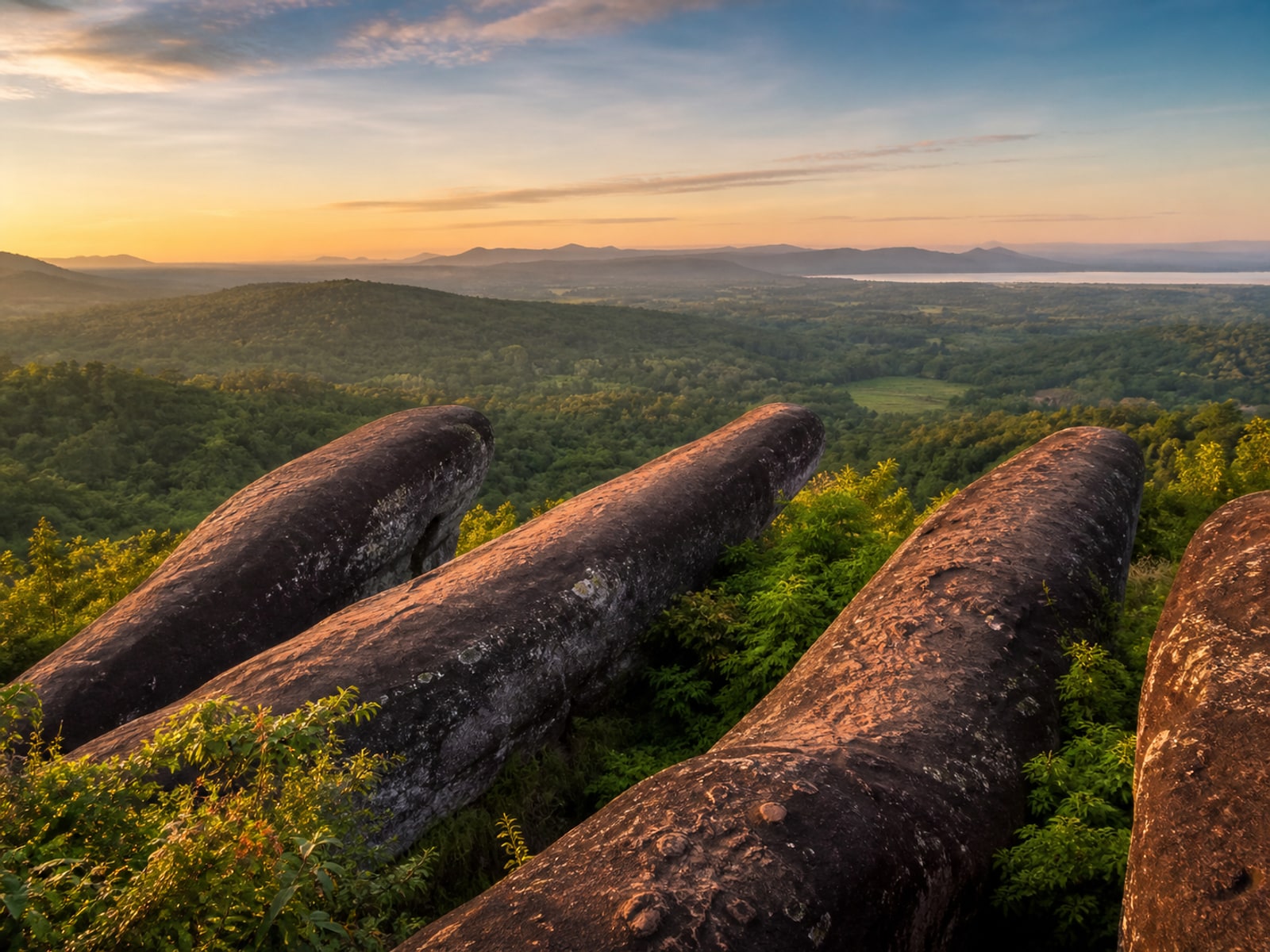 Editorial illustration of Three Whale Rock above the forest in Bueng Kan
