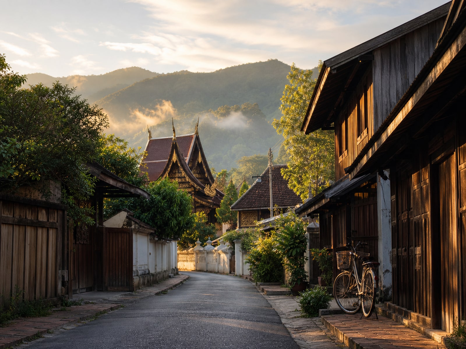 Editorial illustration of Nan old town, temple roofs and mountain country
