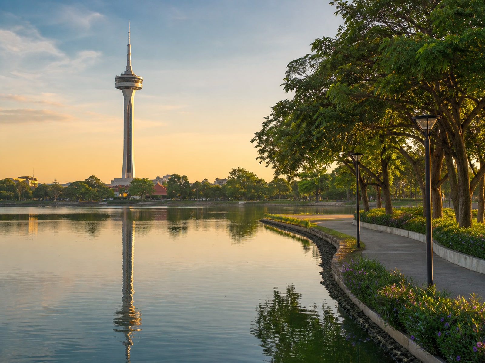 Editorial illustration of Roi Et's city park, temple skyline and local culture